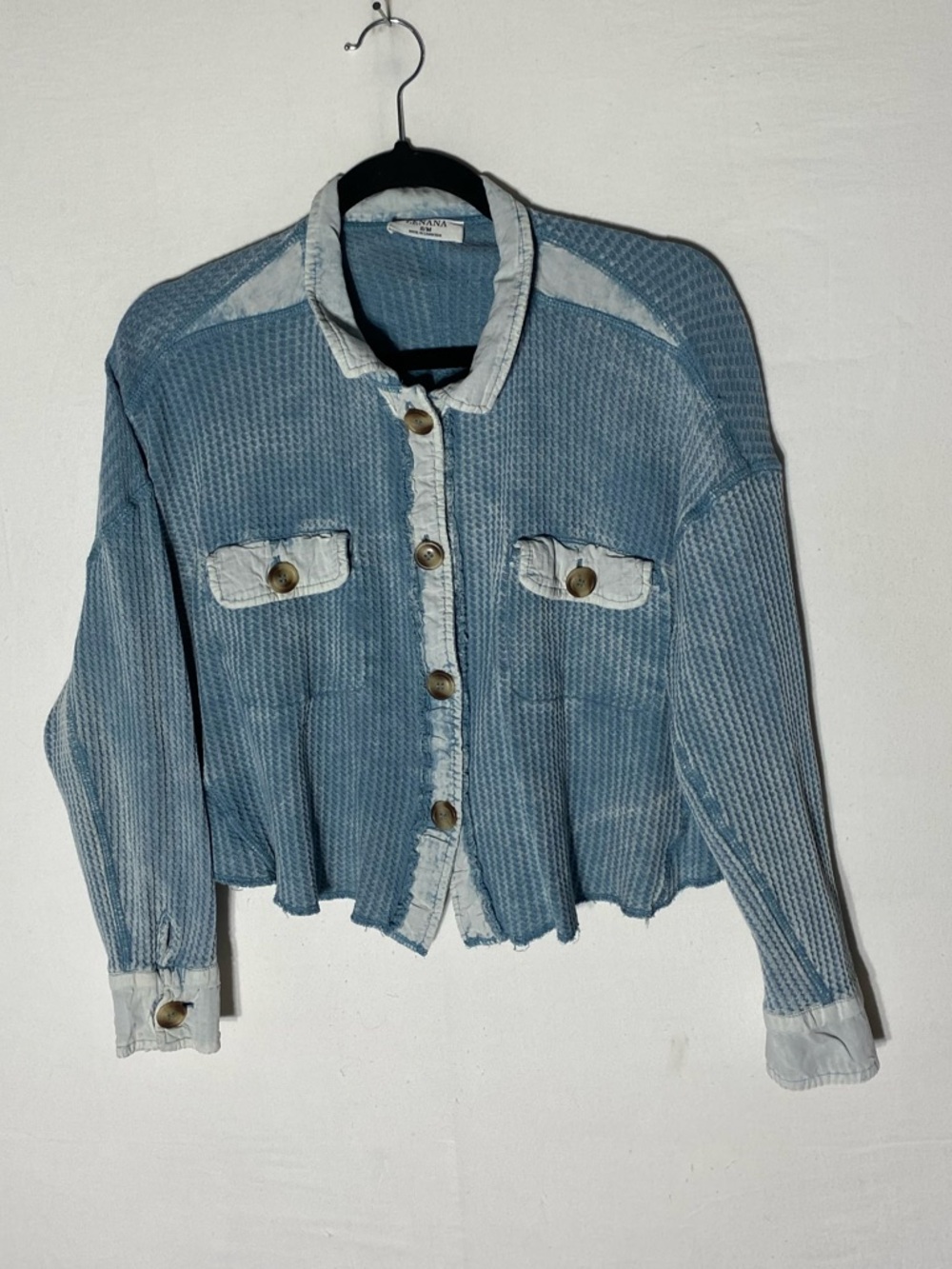 Zenana Light Blue Waffle Knit Oversized Cropped Button Up Top S/M Boho